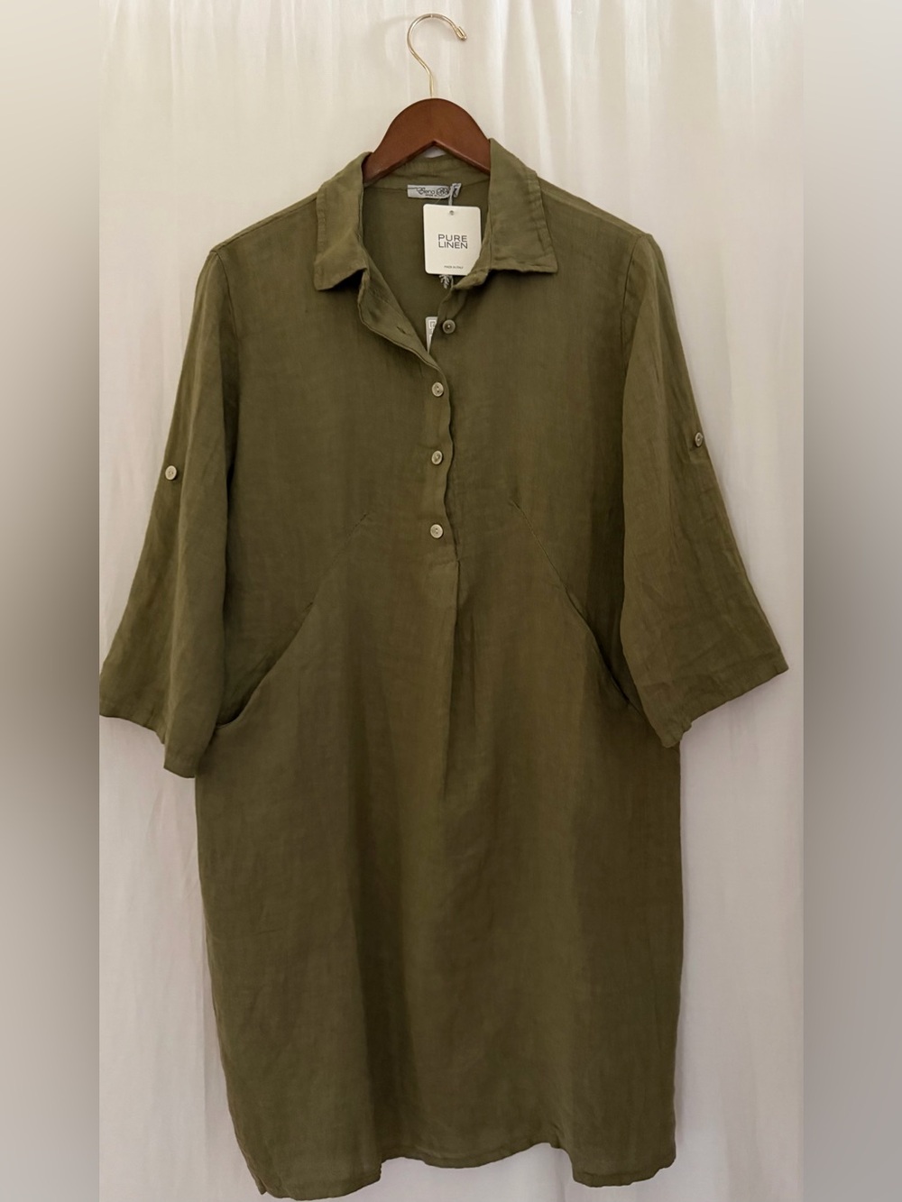 NWT Elena Baldi Women’s 100% Linen Shirt Dress Roll Tab Sleeves- Made Italy - XL